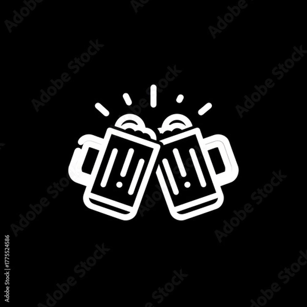 Fototapeta Two white beer mugs clinking, creating a celebratory, animated illustration on black