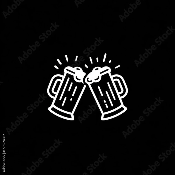 Fototapeta Two beer mugs clink, outline drawing of frothy drinks celebrate on solid black backdrop