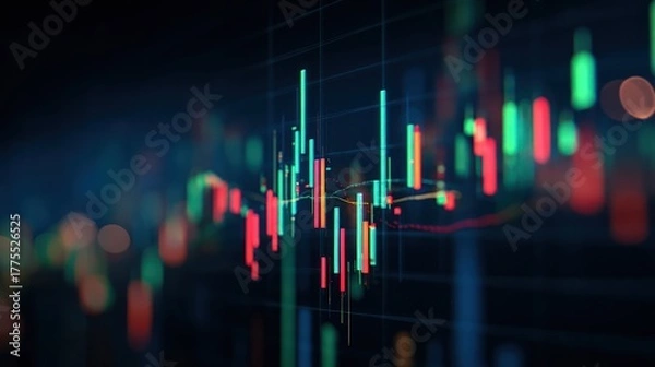 Fototapeta A dynamic display of financial data, featuring a complex chart of  market trends with vibrant, colorful bars and a blurred background.
