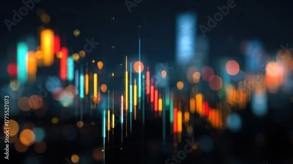 Obraz A dynamic illustration of financial market data overlaid on a blurred cityscape at night, showcasing vibrant colors and a sense of activity and growth.