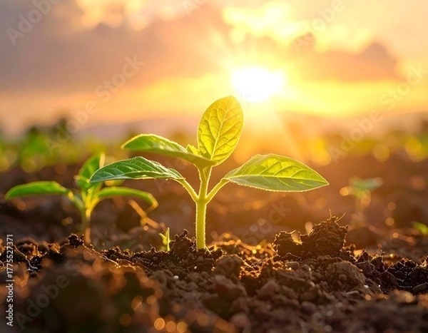 Obraz Young plant sprouts towards a bright, setting sun, earth in foreground