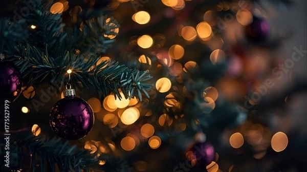 Fototapeta Close up of a christmas tree with purple ornaments and blurred lights bokeh