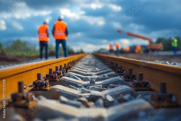 Fototapeta Railway construction site with workers in safety vests and close-up of train tracks
