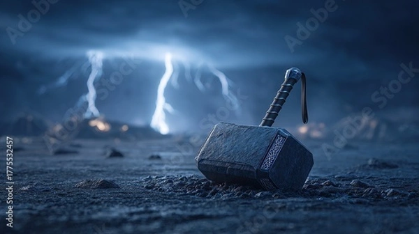 Fototapeta A dark, dramatic scene depicts a formidable hammer resting on a desolate landscape during a powerful storm.