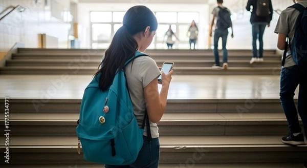 Obraz A young student checks her phone while walking up the stairs in a school hallway.