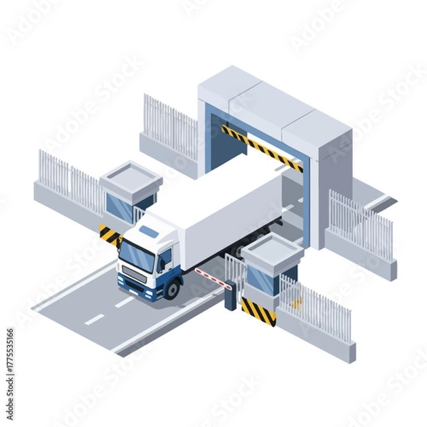 Obraz Isometric Truck Entering Industrial Facility Gate with Security Checkpoint