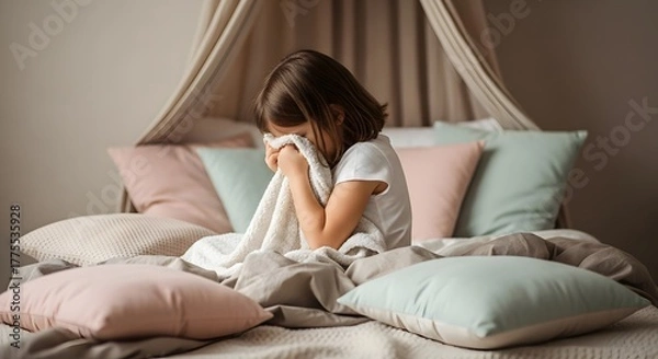 Obraz A young girl sits on a bed, covering her face with a blanket, appearing sad or upset in a cozy bedroom setting.