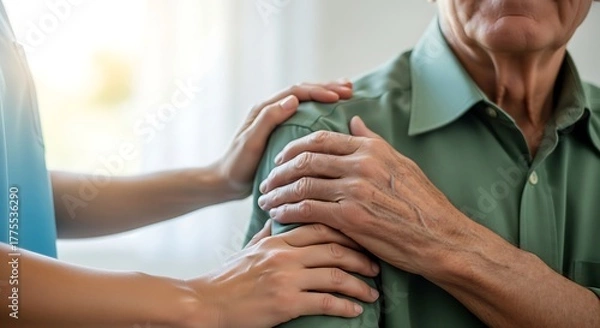 Fototapeta Close up of a senior man with a kind nurse putting her hands on his shoulder to comfort him at the hospital
