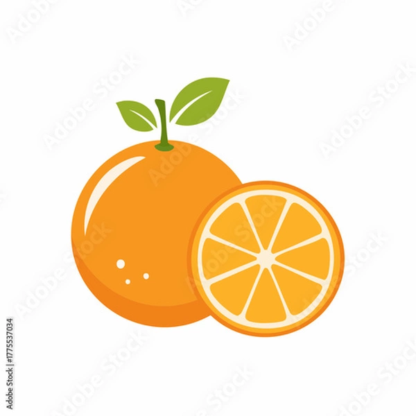 Fototapeta A vibrant flat illustration of a whole orange and a half slice, showcasing fresh citrus fruit with green leaves, perfect for healthy eating and beverage themes