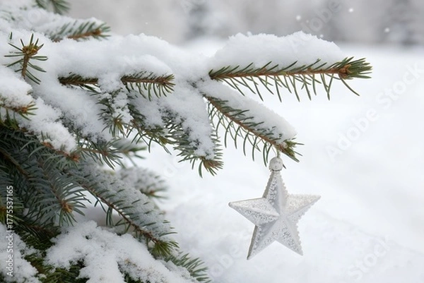 Fototapeta Snowy Pine and Star Decor