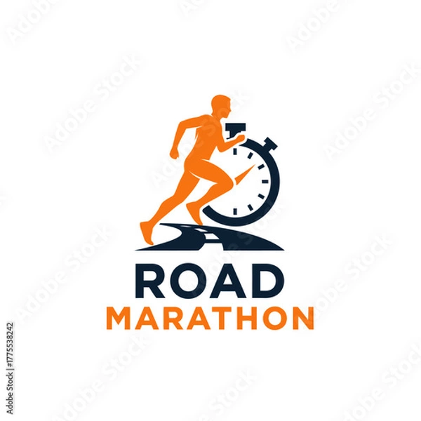Fototapeta dynamic logo for road marathon event with runner and stopwatch