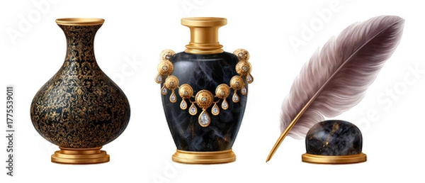 Fototapeta Elegant collection of decorative vases and a feather quill, showcasing intricate designs and luxury