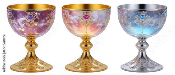Obraz Exquisite decorative goblets showcasing vibrant cosmic designs in a luxurious setting