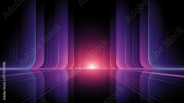 Obraz Abstract purple and pink light beams on a dark reflective surface