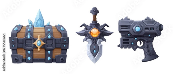Obraz Fantasy treasure chest, ornate sword, and futuristic gun displayed with a mystical aura