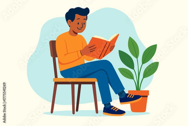Fototapeta Flat illustration of a man reading a book while sitting on a chair with a blob shape background.