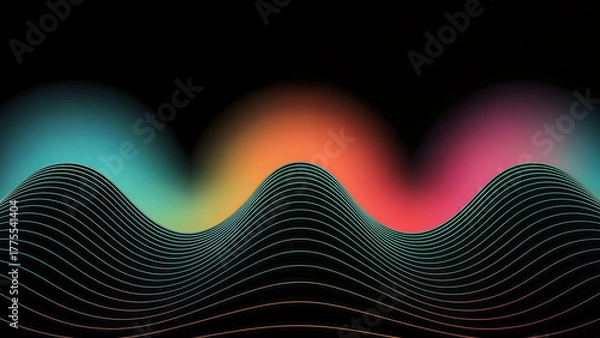 Fototapeta Abstract landscape with colorful gradients and a wavy grid on a black backdrop