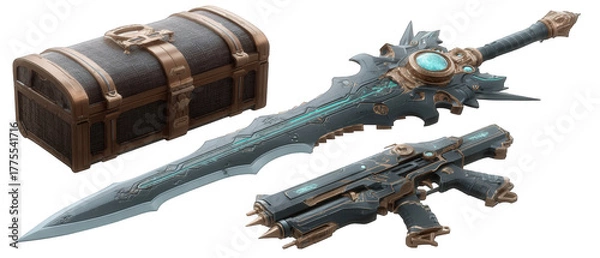 Obraz Fantasy weapons displayed beside a treasure chest, showcasing intricate designs and details