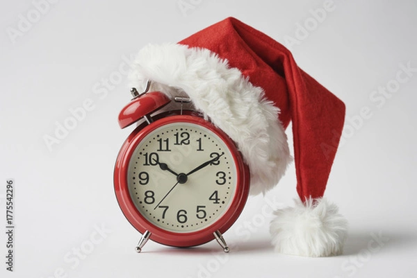 Fototapeta Red alarm clock with a Santa hat.