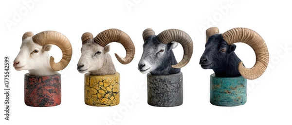 Obraz Four stylized ram heads in vibrant colors displayed in artistic pots against a neutral background