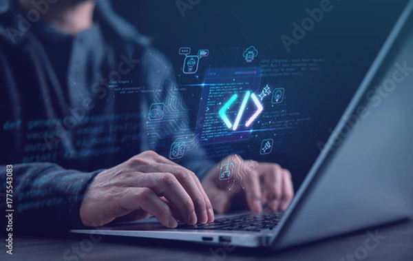 Fototapeta Software developer typing code on laptop with glowing AI and programming symbols, representing coding, software engineering, artificial intelligence, and innovation in digital technology.