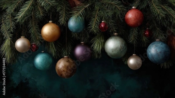 Obraz Christmas ornaments hanging from pine branches festive decor warm indoor setting close-up view holiday spirit