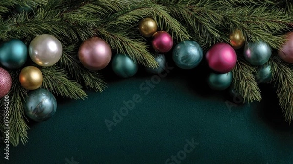 Obraz Festive holiday decoration with ornaments and greenery on dark background indoor setting close-up view christmas concept