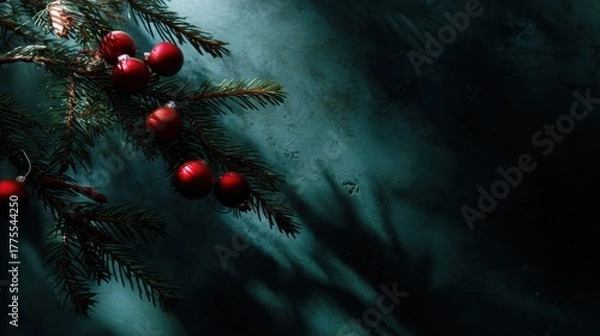 Obraz Festive red berries on green pine branch holiday decor indoor setting artistic perspective seasonal concept