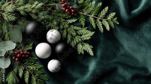 Fototapeta Elegant holiday decor arrangement festive setting styled image green velvet background close-up view seasonal concept