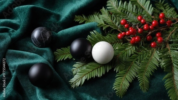 Obraz Decorative holiday arrangement with black and white balls festive greenery indoor setting close-up view celebration concept