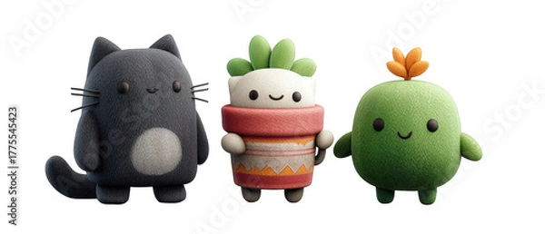 Obraz Playful plush characters including a cat and two plant figures in a whimsical setting