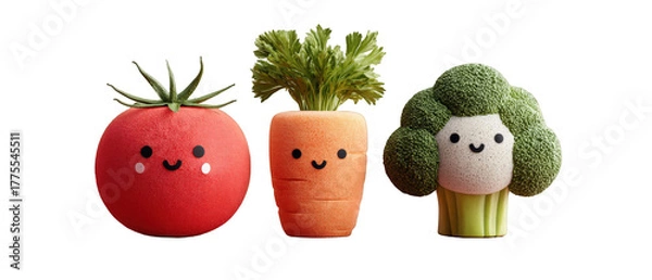 Obraz Playful plush vegetables including a tomato, carrot, and broccoli with cheerful faces