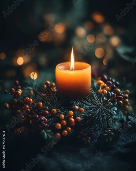 Obraz Burning candle in holiday wreath with pine needles and berries
