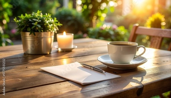 Fototapeta Warm cozy scene with a blank sheet of paper on a rustic wooden table beside a candle and a cup of coffee