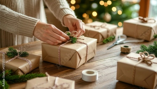 Fototapeta Hands wrapping a gift box on a wooden table surrounded by ribbons, plants, and natural decorations in warm light