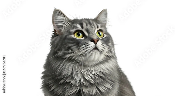 Fototapeta Beautiful Fluffy Grey Long Haired Cat Looking Upwards.
