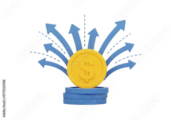 Fototapeta Gold coin with blue arrows indicating growth isolated on white isolated on transparent background