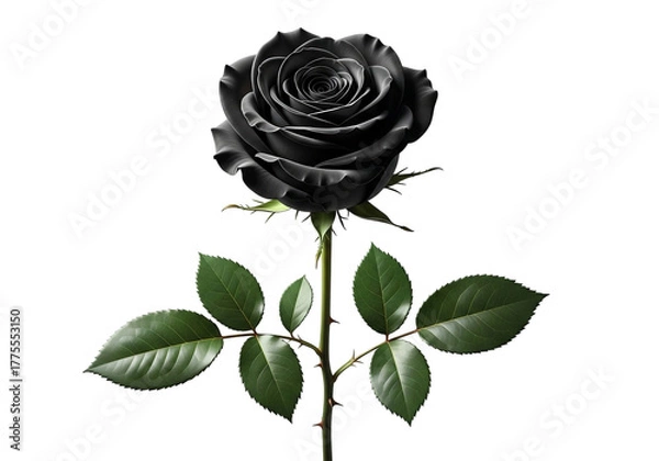 Fototapeta Single black rose with green leaves isolated isolated on transparent background