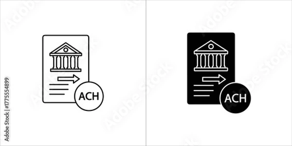 Fototapeta Ach payment icon with bank building and arrow, black and white outline and filled versions