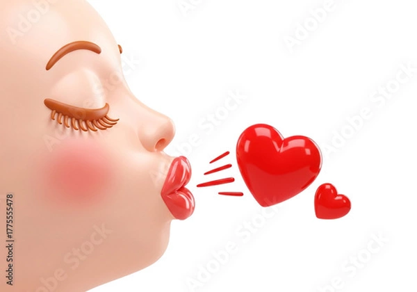 Fototapeta Woman blowing a kiss with red hearts isolated on transparent background