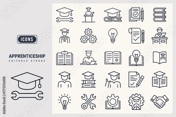 Fototapeta Apprenticeship Program Icons Representing Education, Skill Development, and Trade Mastery white background.