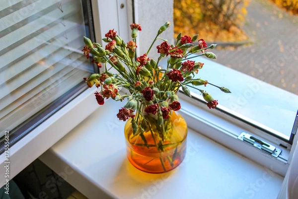 Fototapeta Red Pistacia lentiscus mastic berries in amber glass vase on white windowsill in Antalya, Turkey home. High quality photograph