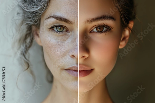 Fototapeta A portrait split a woman showing old and youth age. Generative AI.