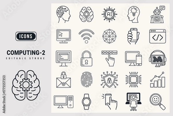 Fototapeta Set of Computing Icons Representing Artificial Intelligence and Computer Science Concepts white background.