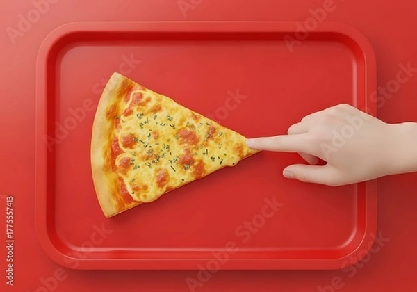 Fototapeta A slice of pizza on a red tray is being touched by a hand, showcasing a delicious and tempting food presentation on a vibrant red background