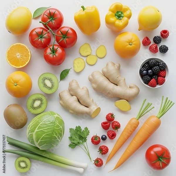 Fototapeta A colorful assortment of fresh fruits and vegetables, including tomatoes, lemons, ginger, and carrots, arranged on a clean white surface