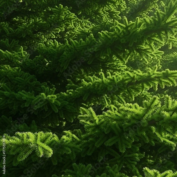 Fototapeta Closeup of vibrant green pine tree branches creating a lush, textured background, perfect for naturethemed designs and festive holiday projects