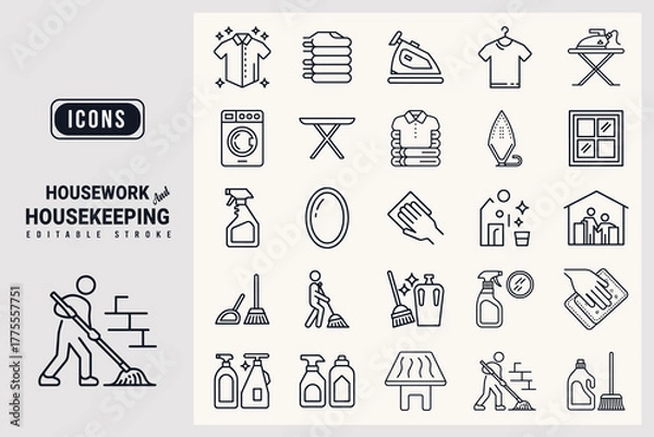 Fototapeta Housework and Housekeeping Icon Set with Editable Stroke and Vector Illustration white background.