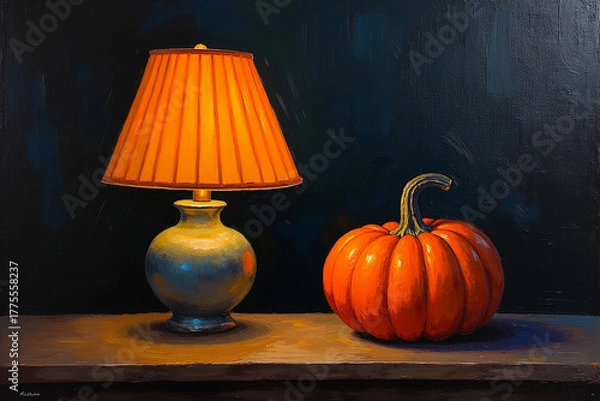 Fototapeta Halloween pumpkin and lamp on dark background