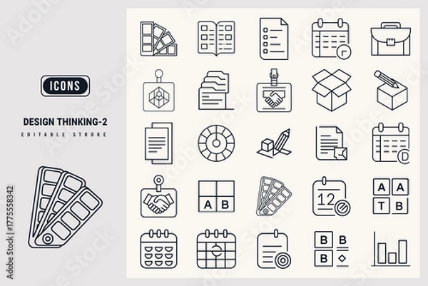 Fototapeta Design Thinking Icon Set Depicting Various Creative Process Elements in Outline Style white background.